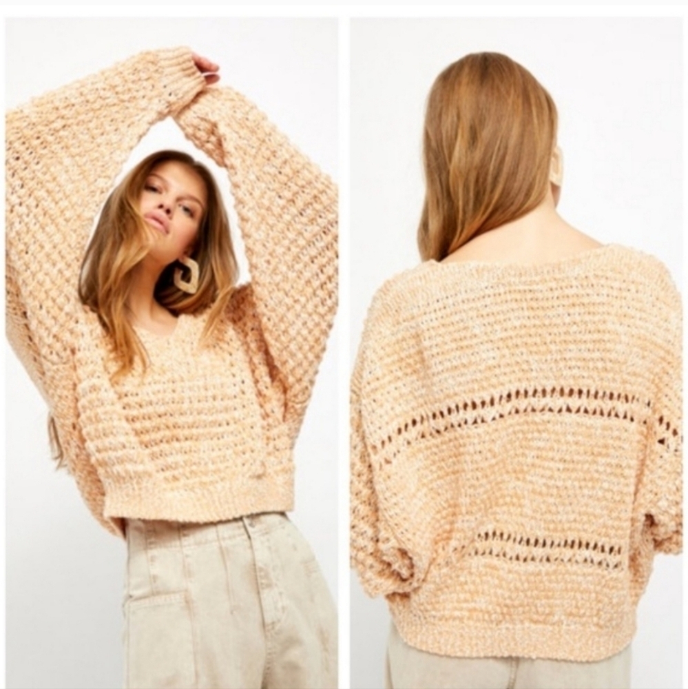 Free People Coconut Loose Weave Sandy Combo Knit Pullover Off Shoulder Shredded